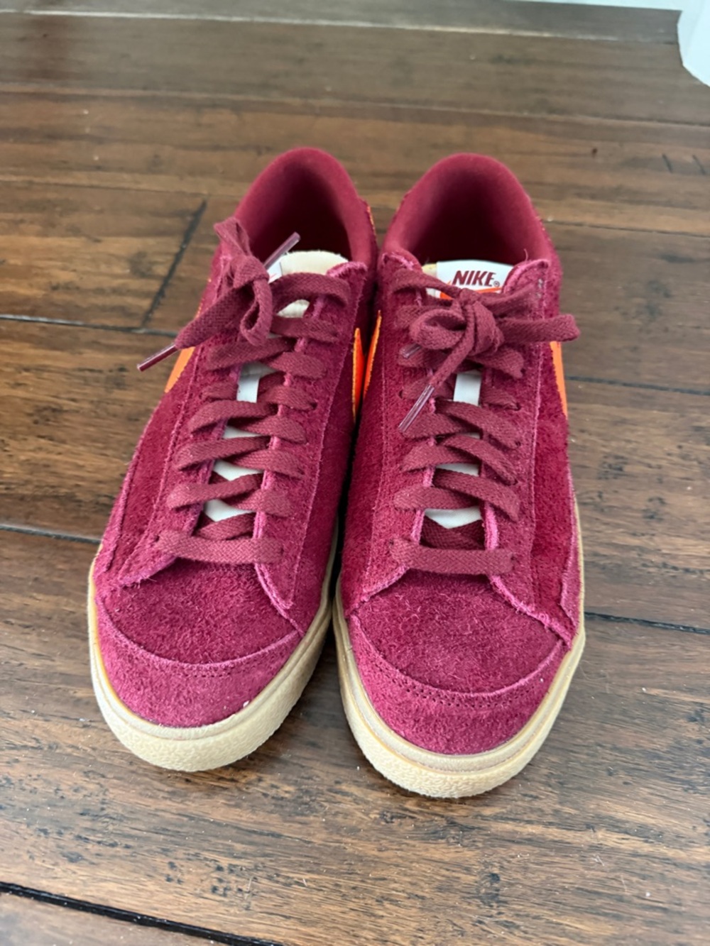 Nike Burgundy Suede Sneakers with Orange Swoosh - Picture 2 of 4